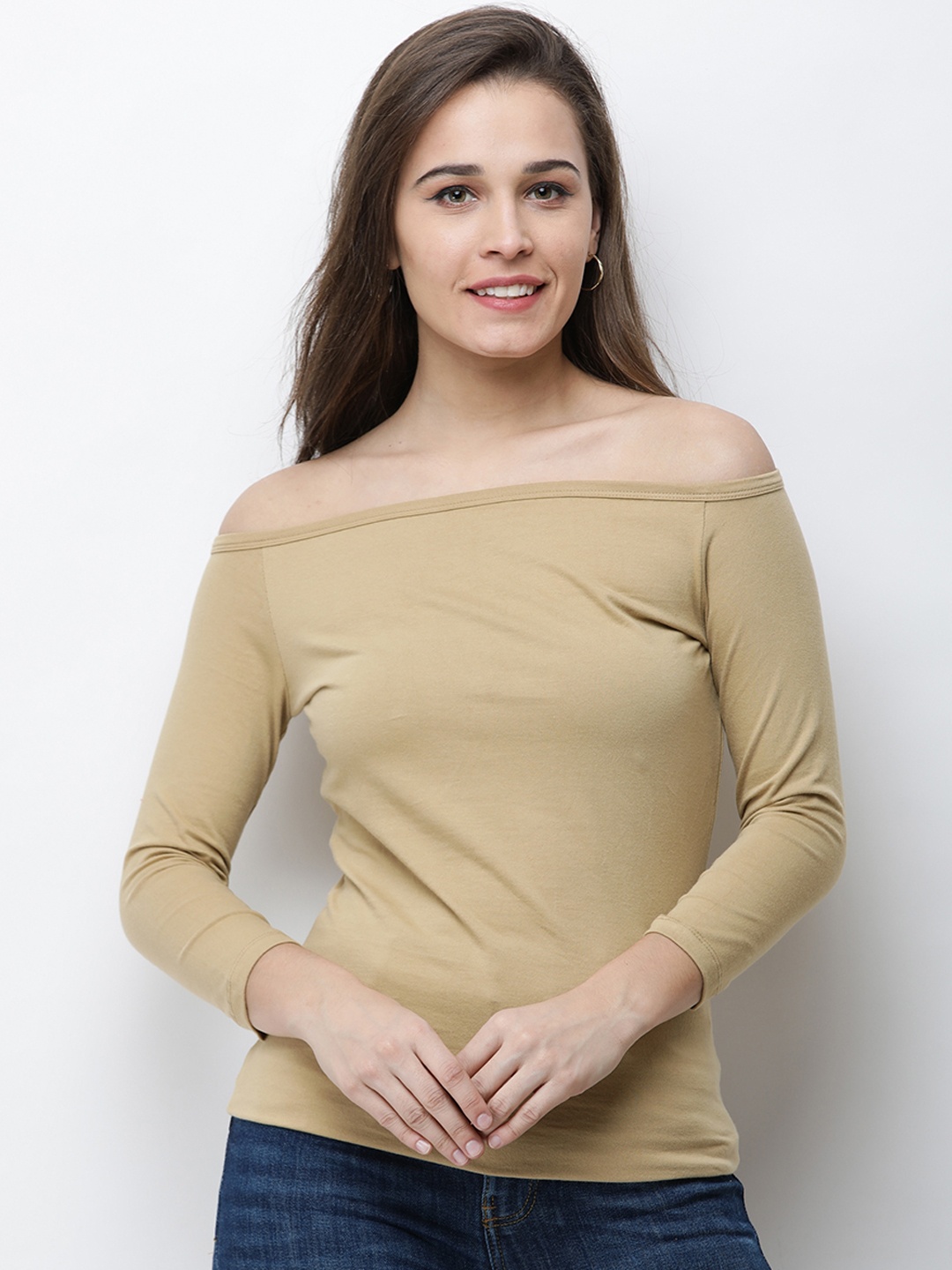 

Cation Women Beige Solid Bardot Top