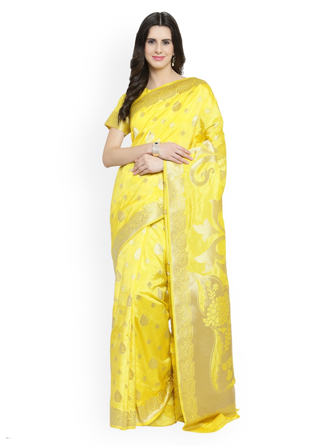 

Shaily Yellow & Gold-Coloured Pure Silk Woven Design Banarasi Saree