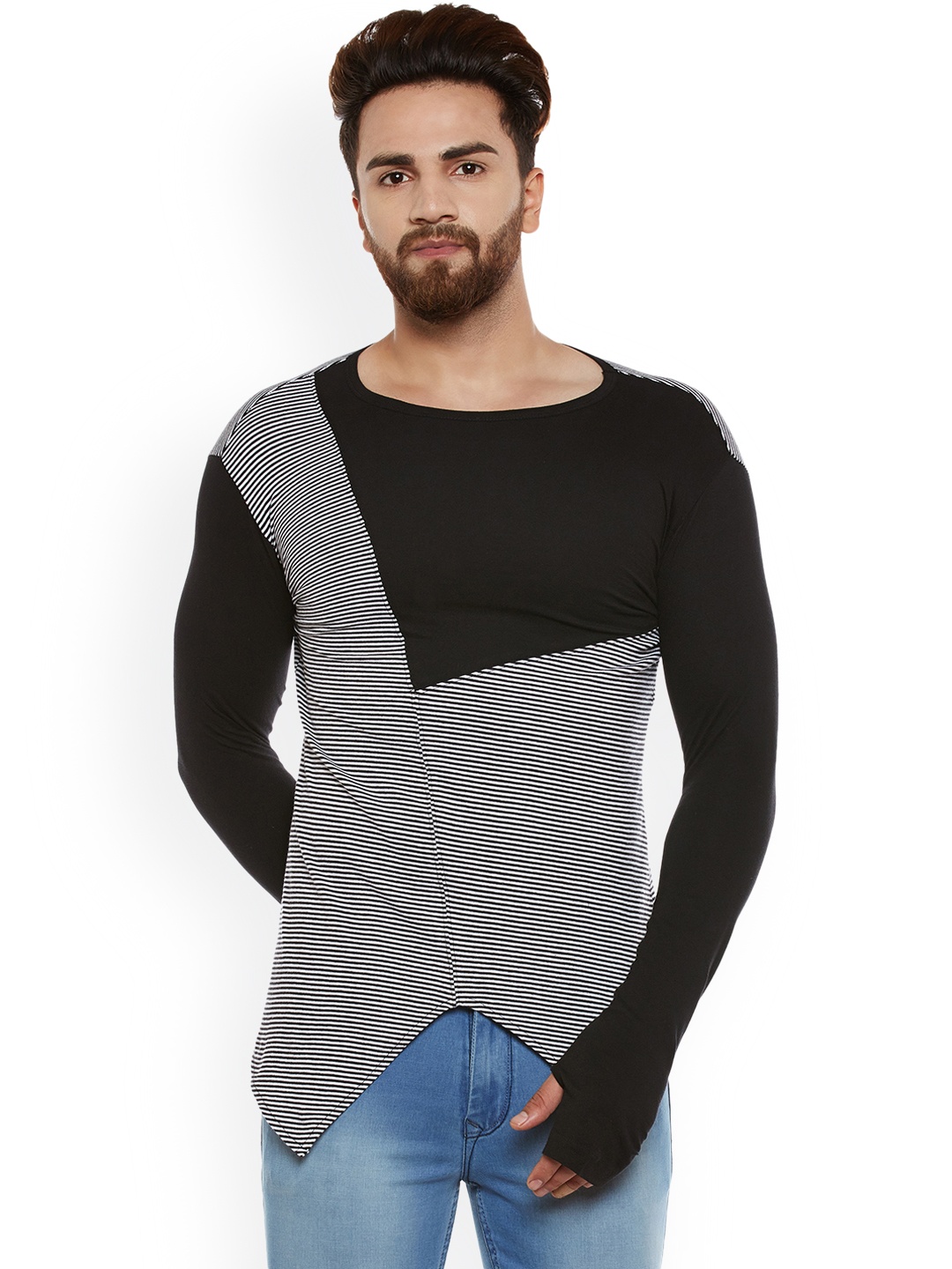 

Hypernation Men Black Striped Round Neck T-shirt