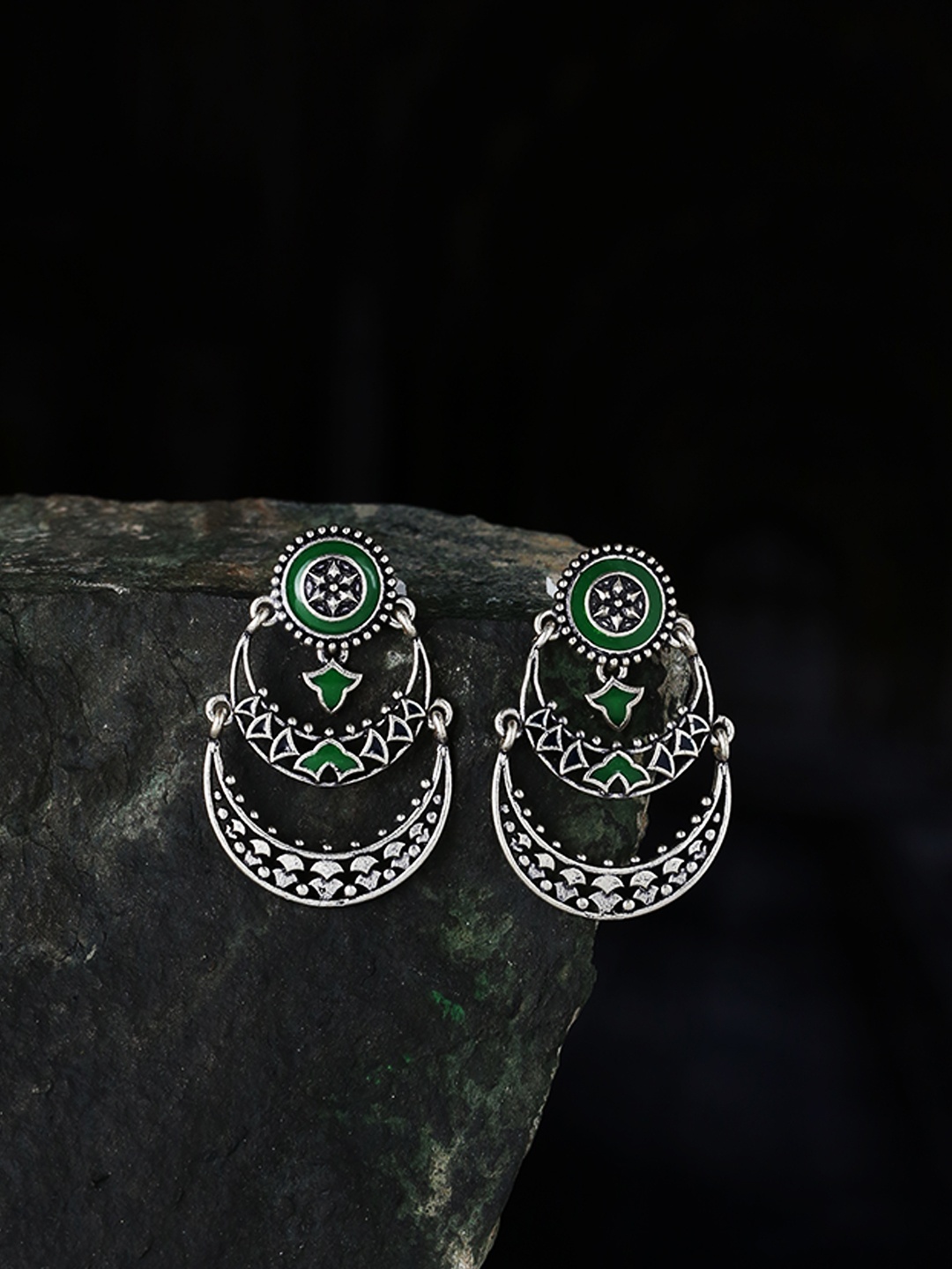 

Voylla Silver-Plated Oxidised Oval Drop Earrings