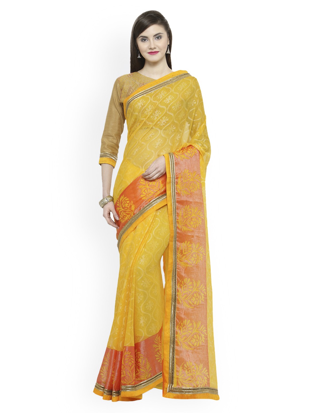 

Shaily Yellow Printed Silk Blend Saree