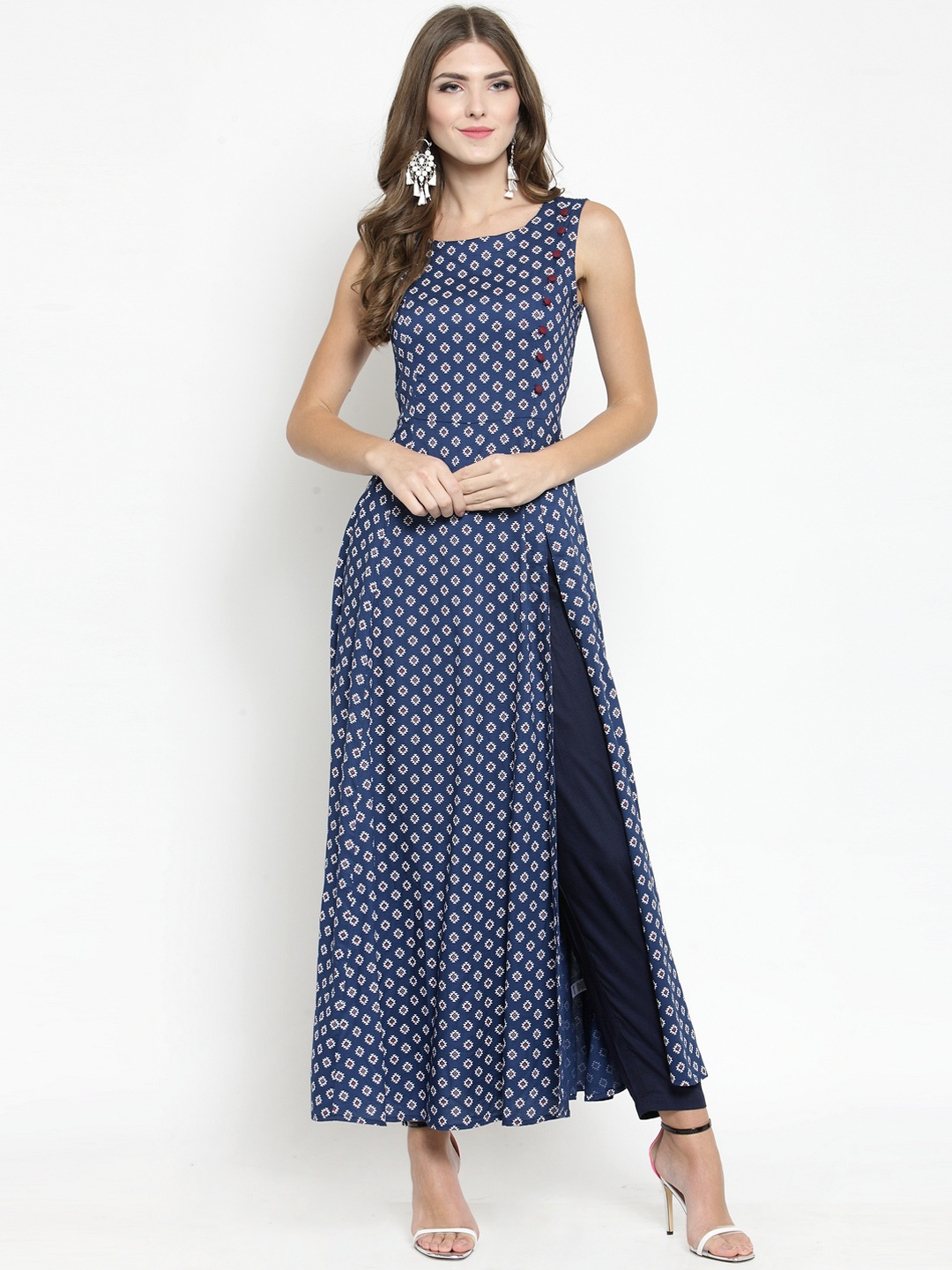 Sera Women Navy Blue Printed Kurti with Palazzos