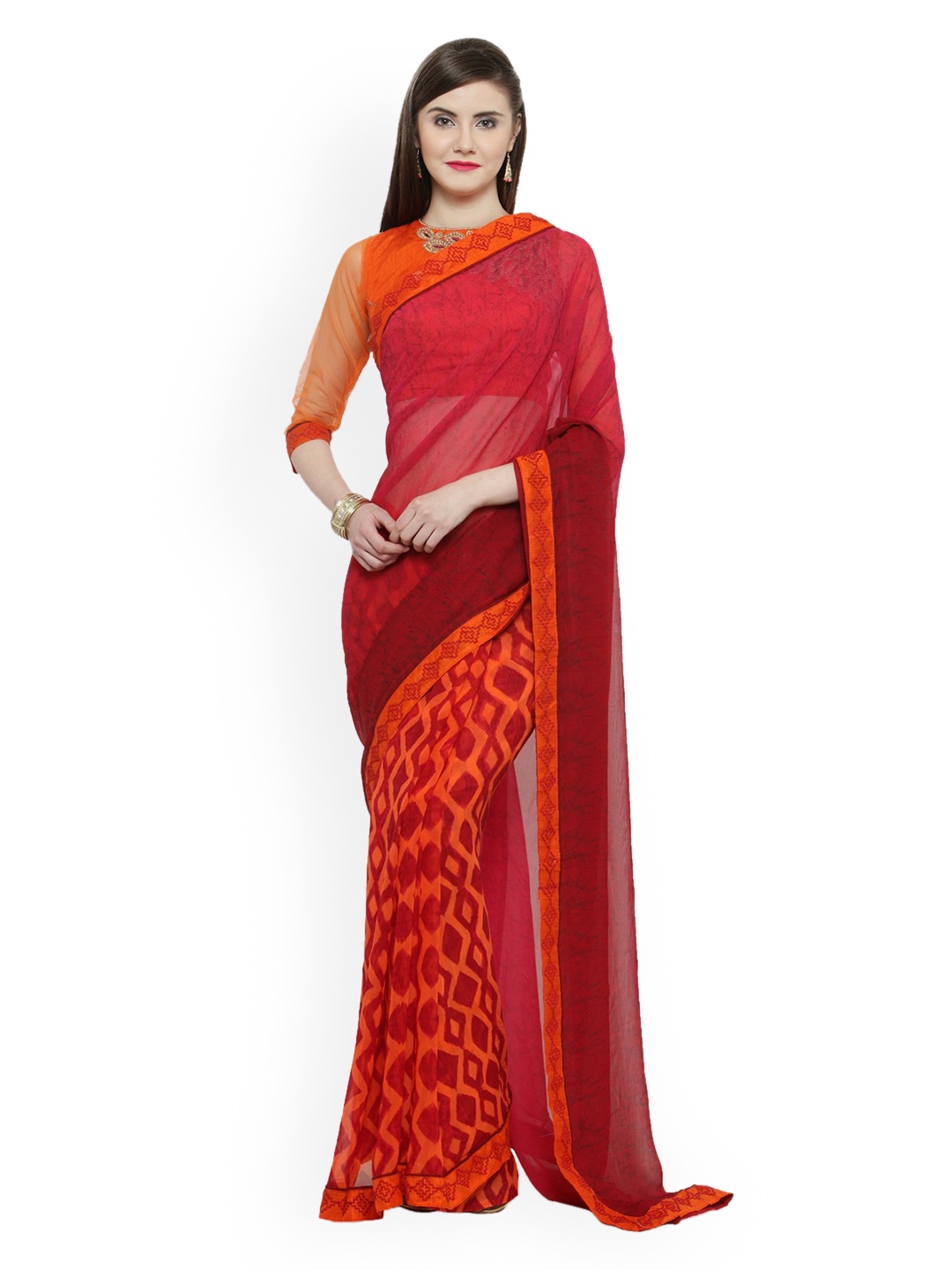 

Shaily Orange Printed Pure Georgette Saree