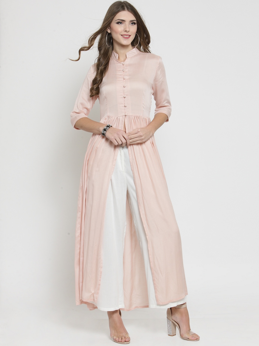 Sera Women Pink & White Solid Kurti with Palazzos