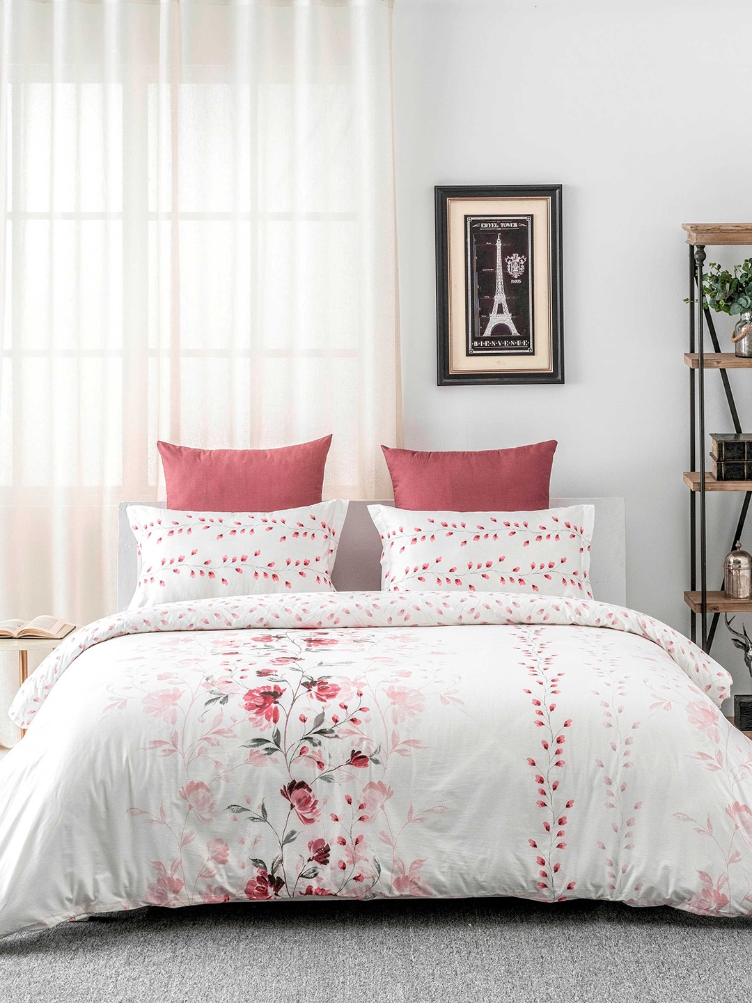 

DDecor White & Pink Floral Flat 130 TC Cotton Single Bedsheet with 1 Pillow Cover