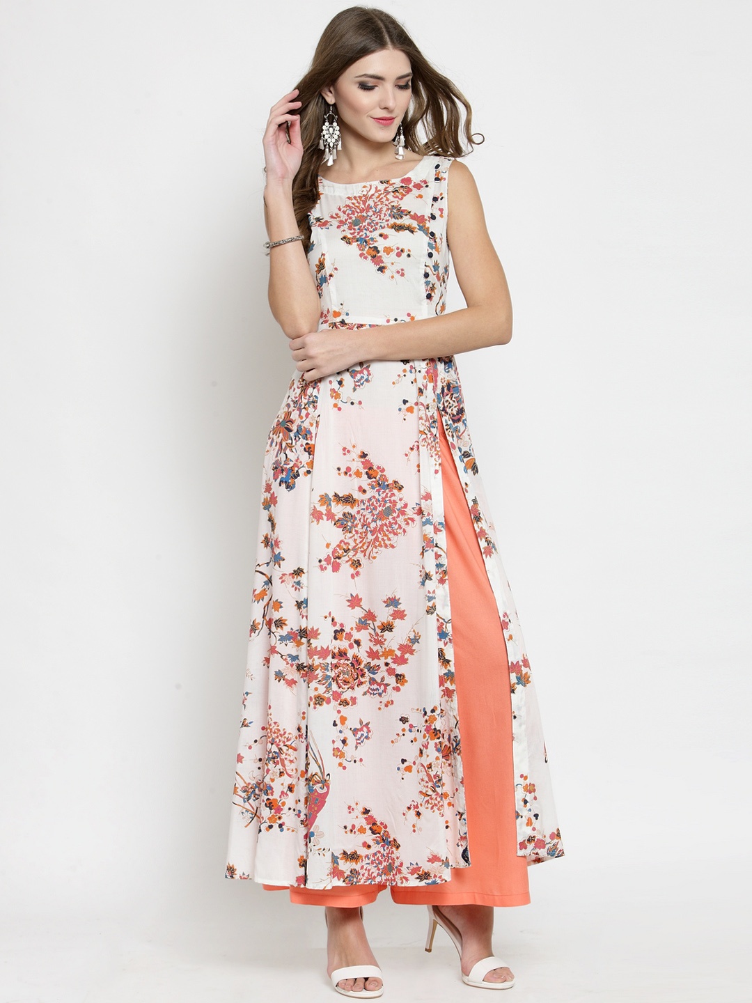

Sera Women Off-White & Coral Printed Kurti with Palazzos