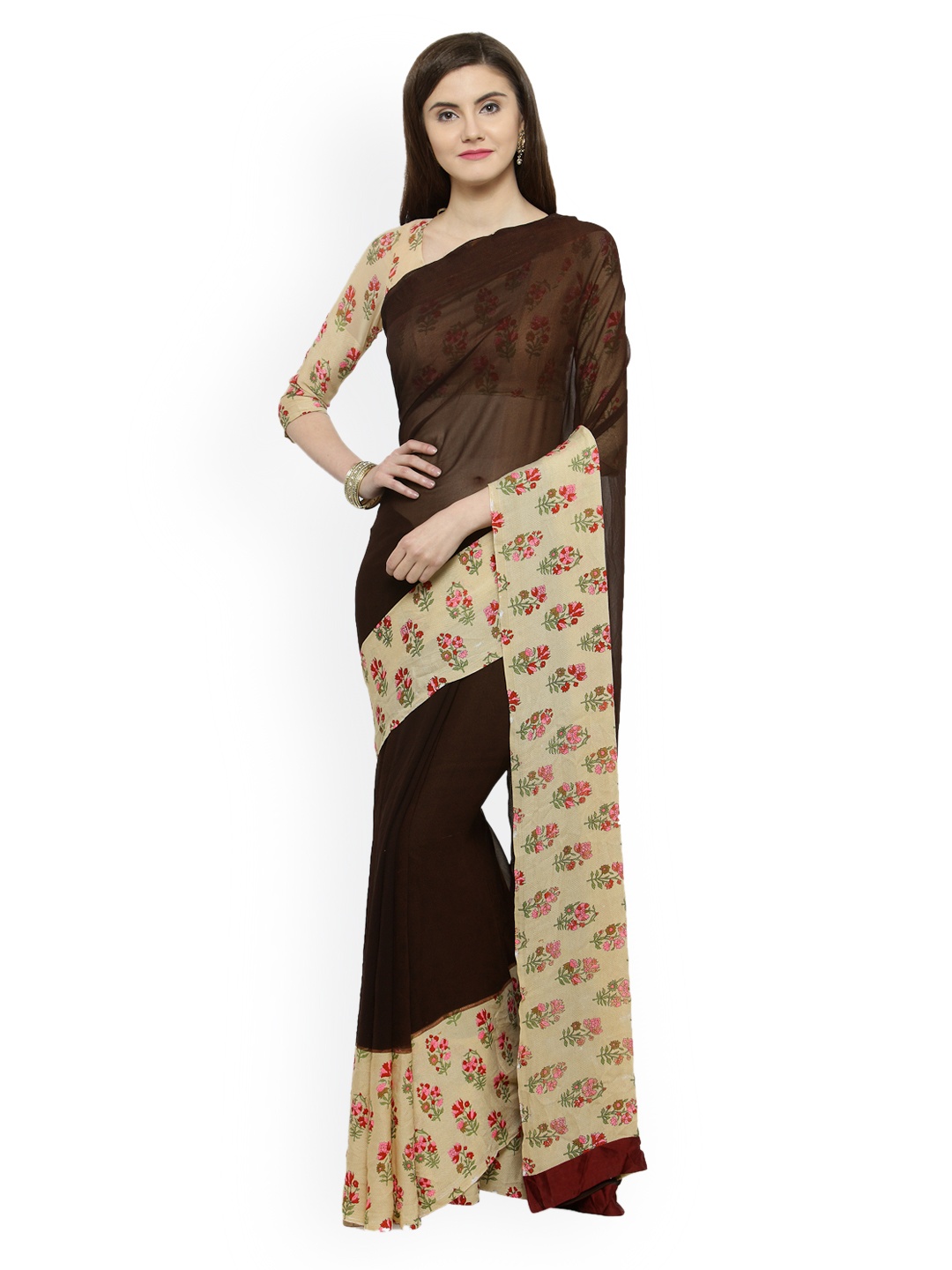 

Shaily Brown & Beige Satin Printed Saree