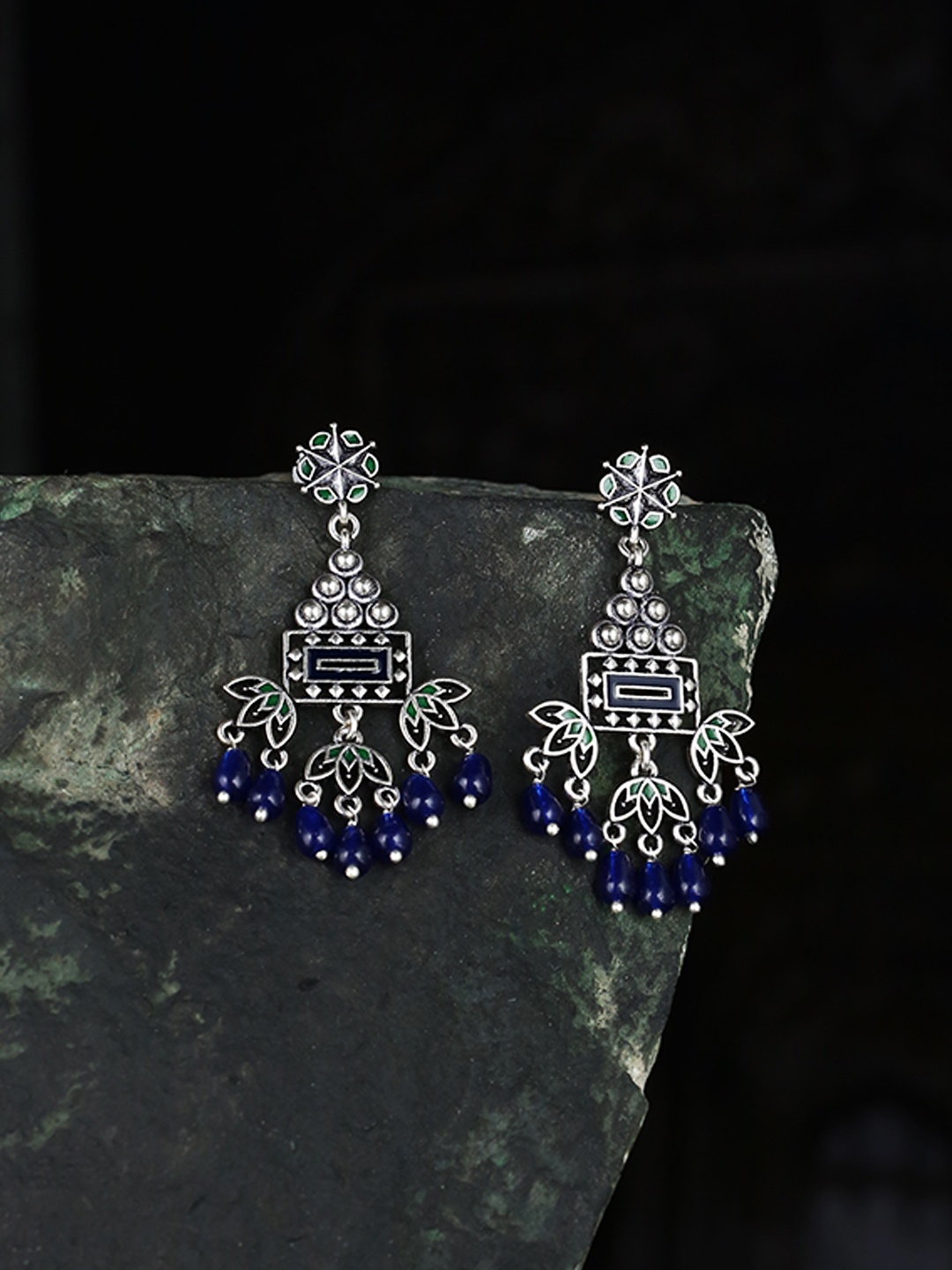 

Voylla Silver-Plated & Blue Oxidised Contemporary Drop Earrings