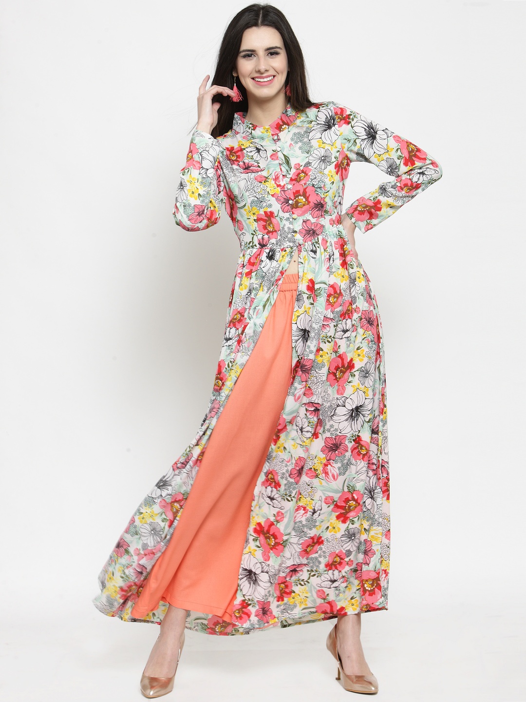 

Sera Women Off-White & Coral Red Floral Printed A-Line Kurta
