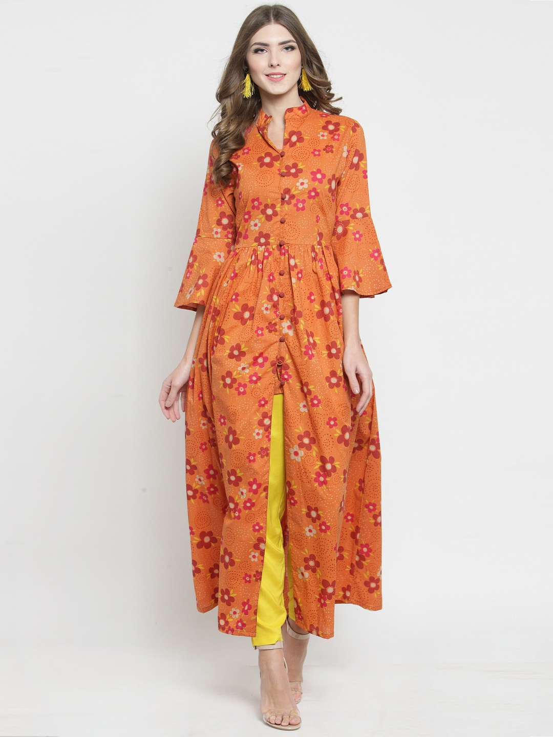 Sera Women Orange Floral Print A-Line Kurta