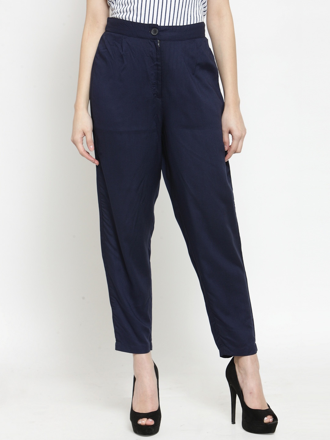 Sera Women Navy Blue Regular Fit Solid Peg Trousers