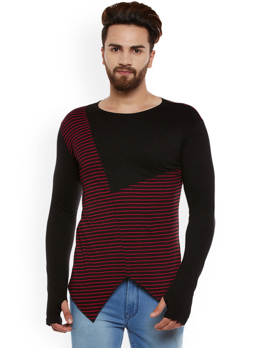 Hypernation Men Red Striped Round Neck T-shirt