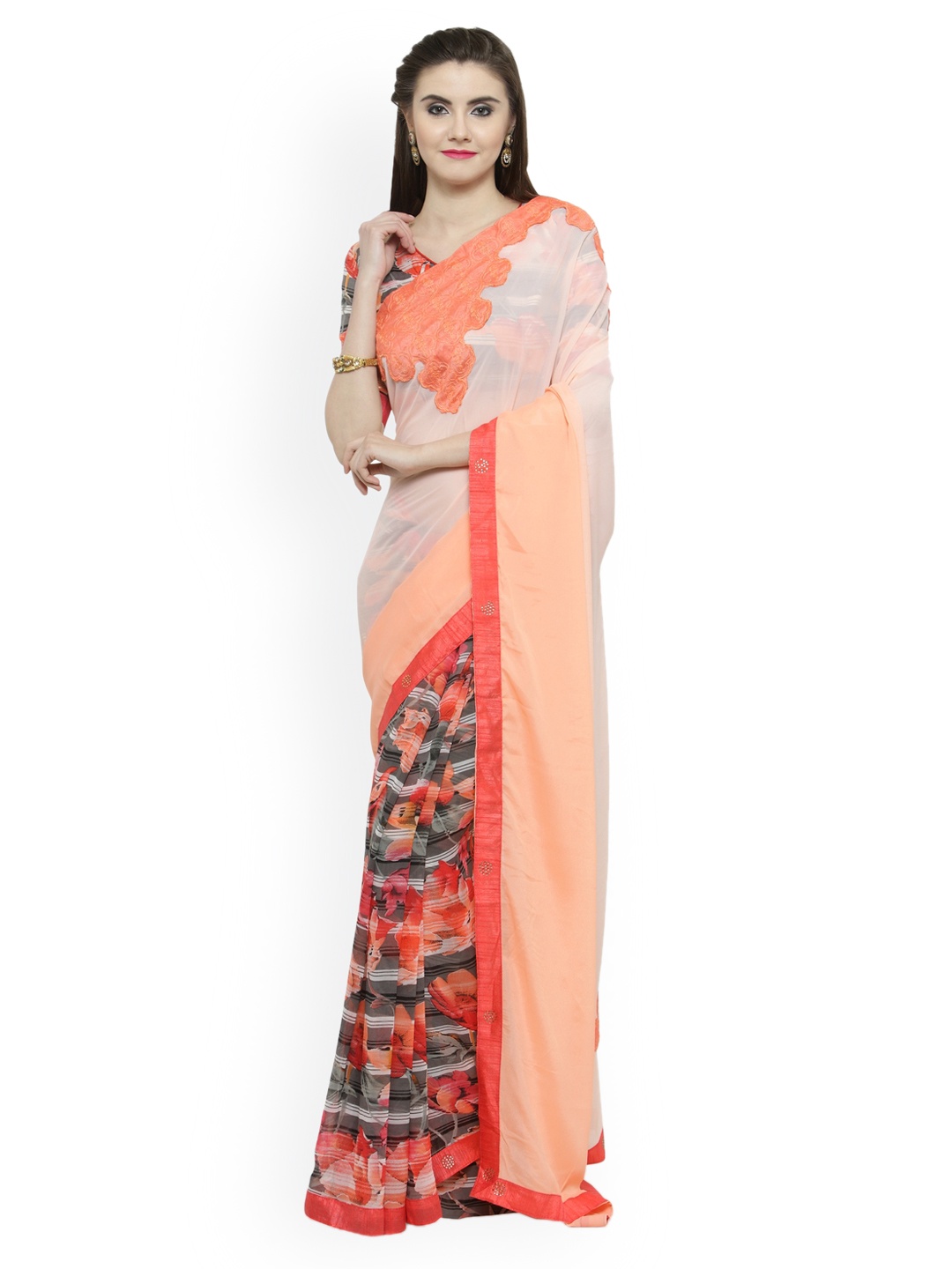 

Shaily Orange & Black Pure Georgette Printed Saree