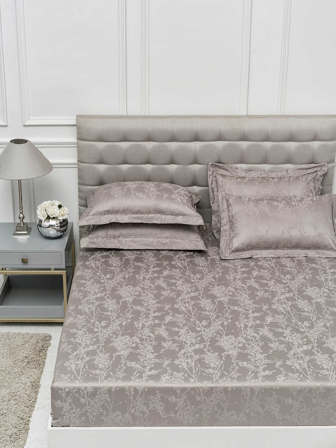 DDecor Grey Floral Flat 400 TC Cotton 1 King Bedsheet with 2 Pillow Covers