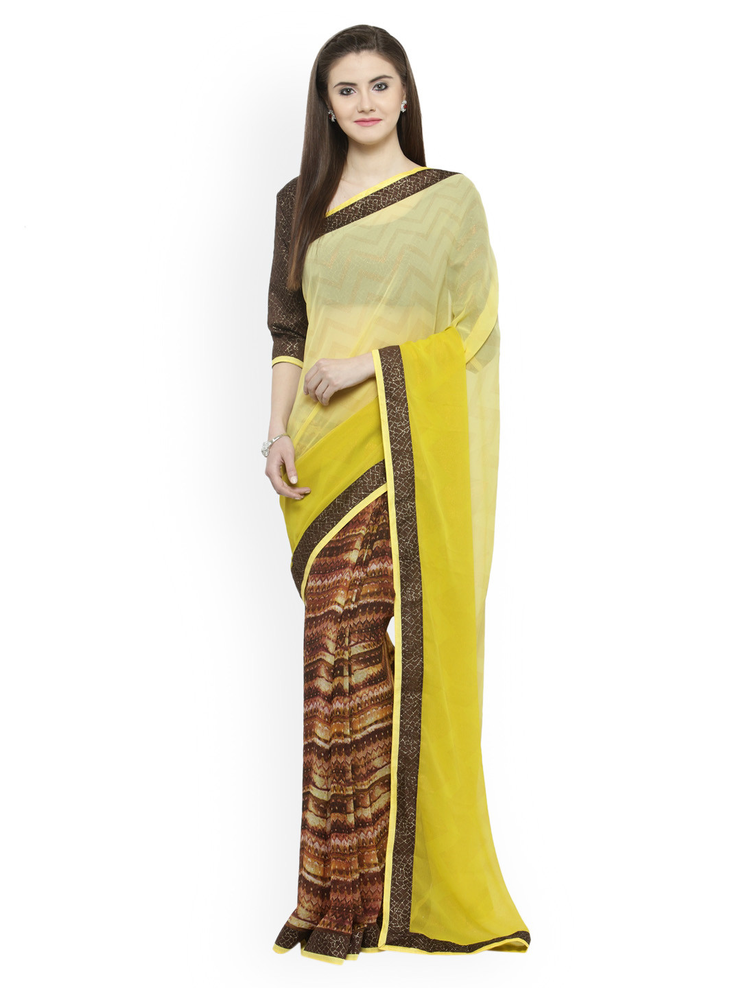 

Shaily Yellow & Brown Pure Georgette Printed Saree
