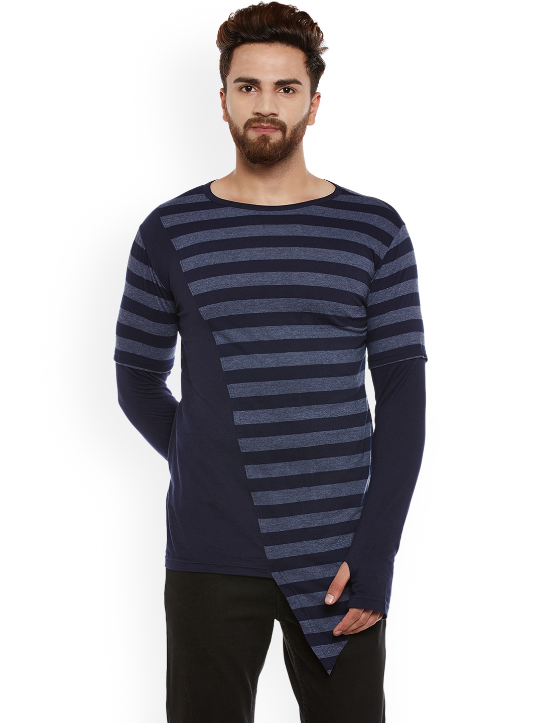 

Hypernation Men Blue Striped Round Neck T-shirt