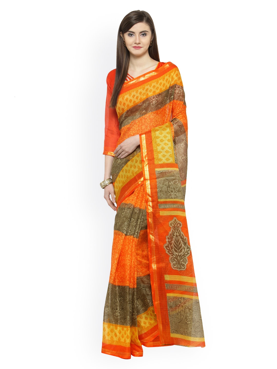 

Shaily Orange & Yellow Silk Cotton Printed Saree