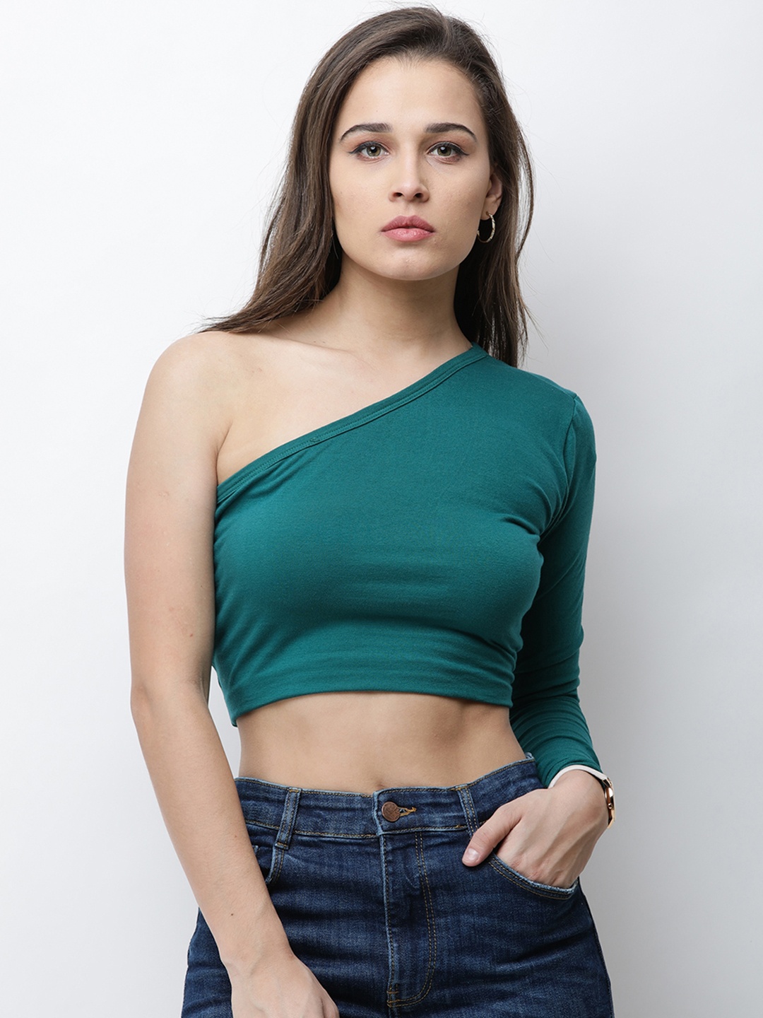 

Cation Women Green Solid Fitted Pure Cotton Top