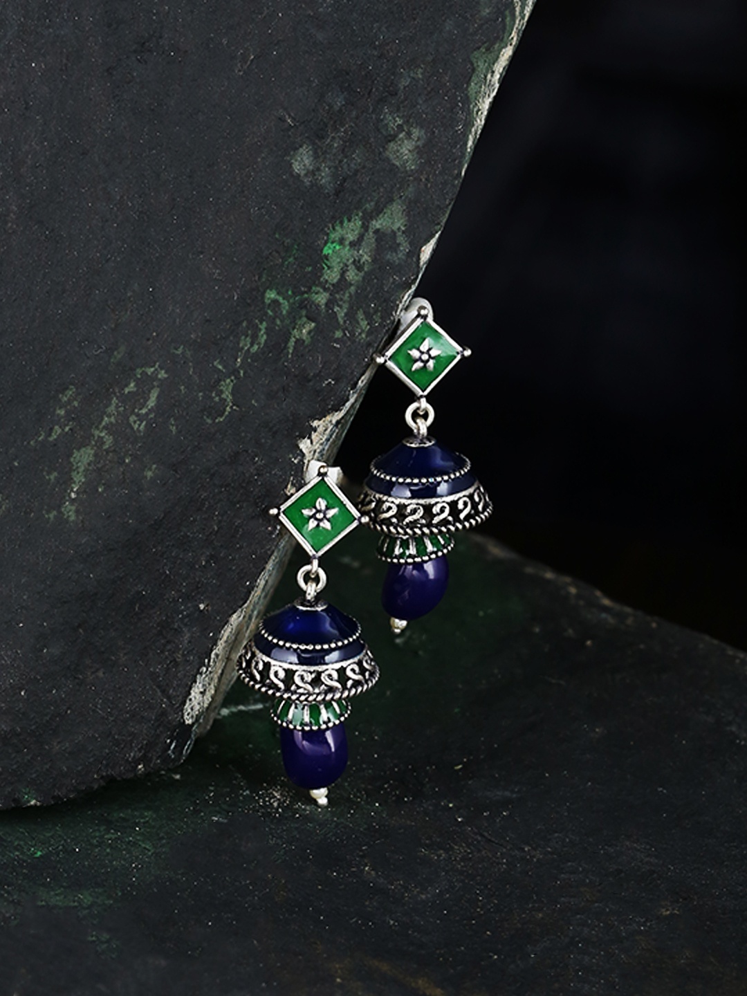 

Voylla Silver-Plated Green & Blue Oxidised Classic Jhumkas