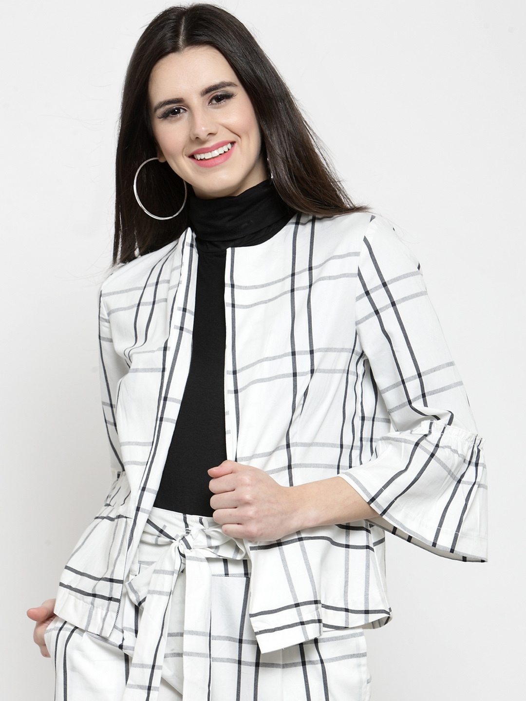 

Sera Women White Checked Open Front Jacket