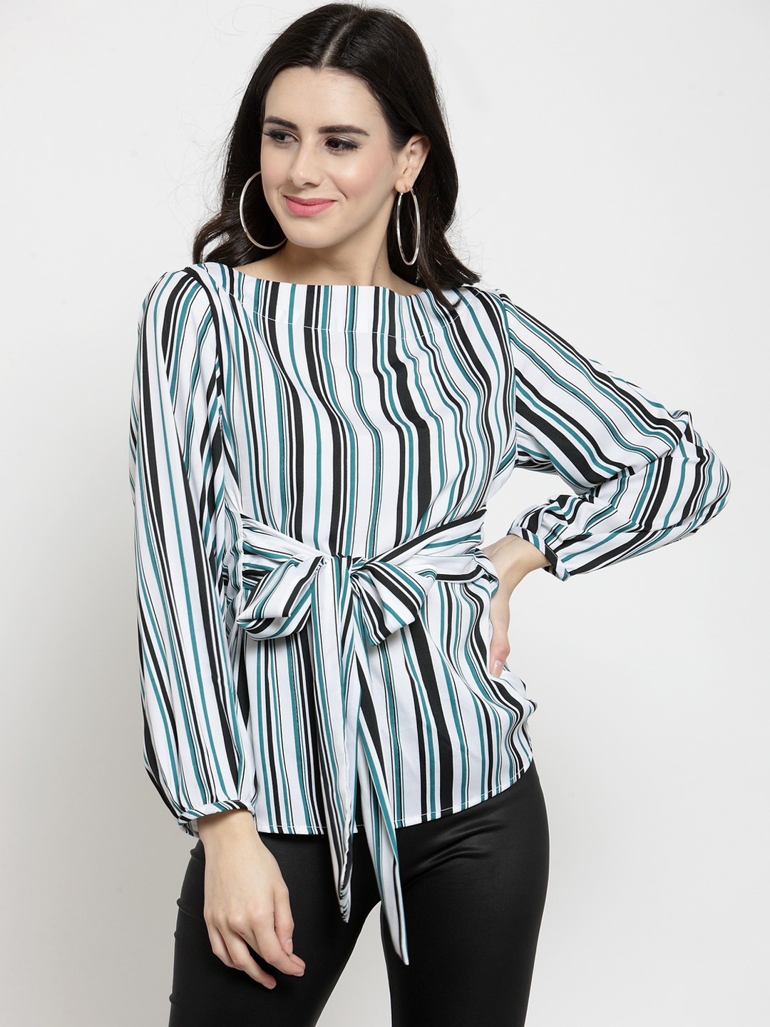 Sera Women White & Blue Striped Cinched Waist Top