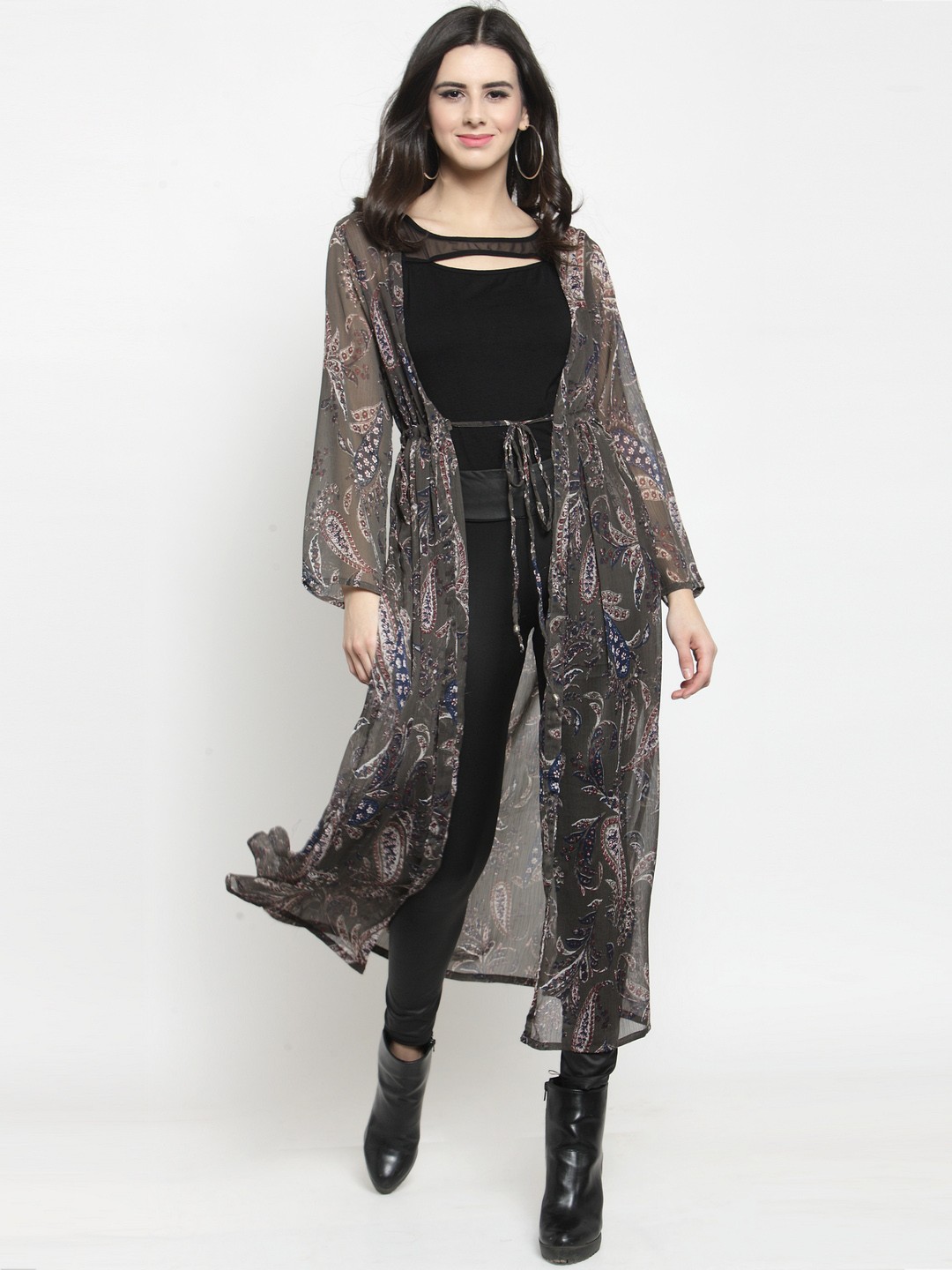 

Sera Women Olive Green Printed Tie-Up Shrug