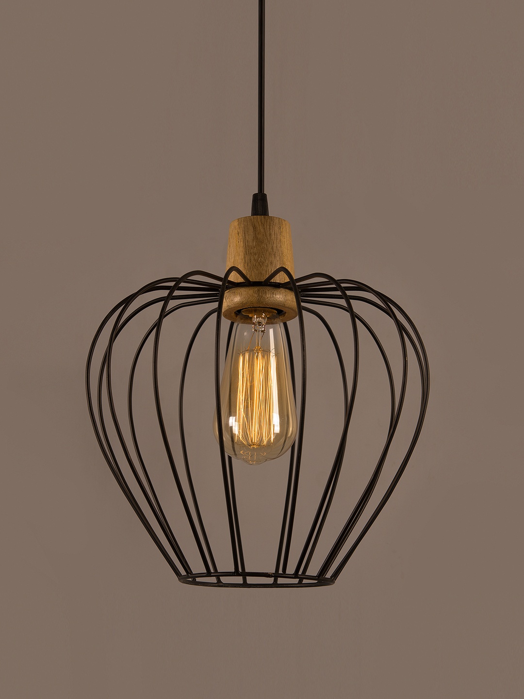 

Homesake Black Metal Chimney Cage Wood Pendent Lamp