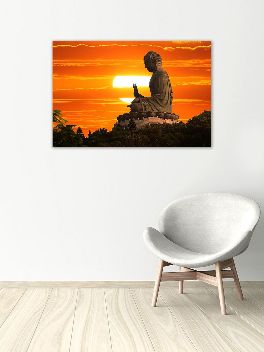 

999Store Red & Brown Buddha Statue Over Scenic Sunset Sky Wall Art