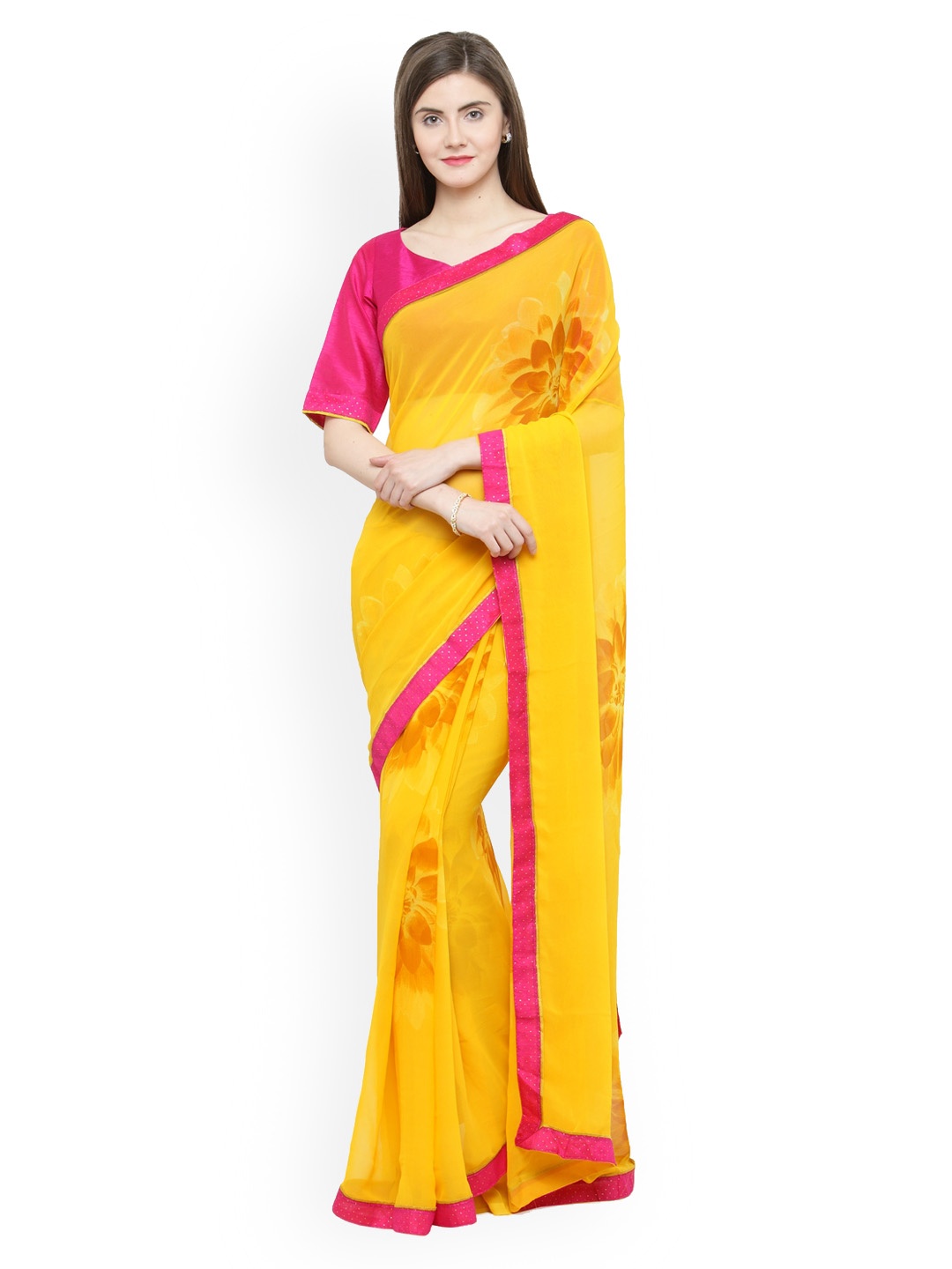 

Shaily Yellow & Pink Pure Georgette Solid Saree
