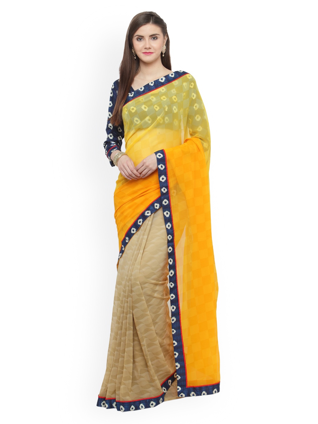 

Shaily Yellow & Beige Pure Georgette Printed Saree