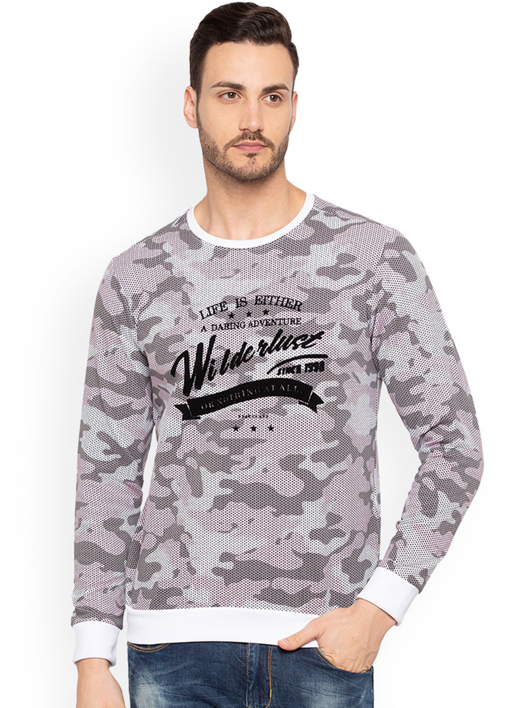 

Status Quo Men Grey & White Slim Fit Printed Sweatshirt