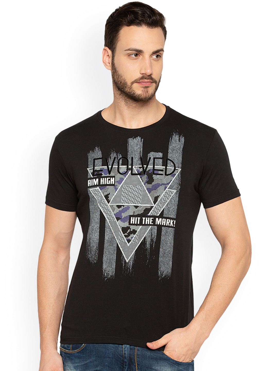 

Status Quo Men Black Printed Slim Fit Round Neck Pure Cotton T-shirt