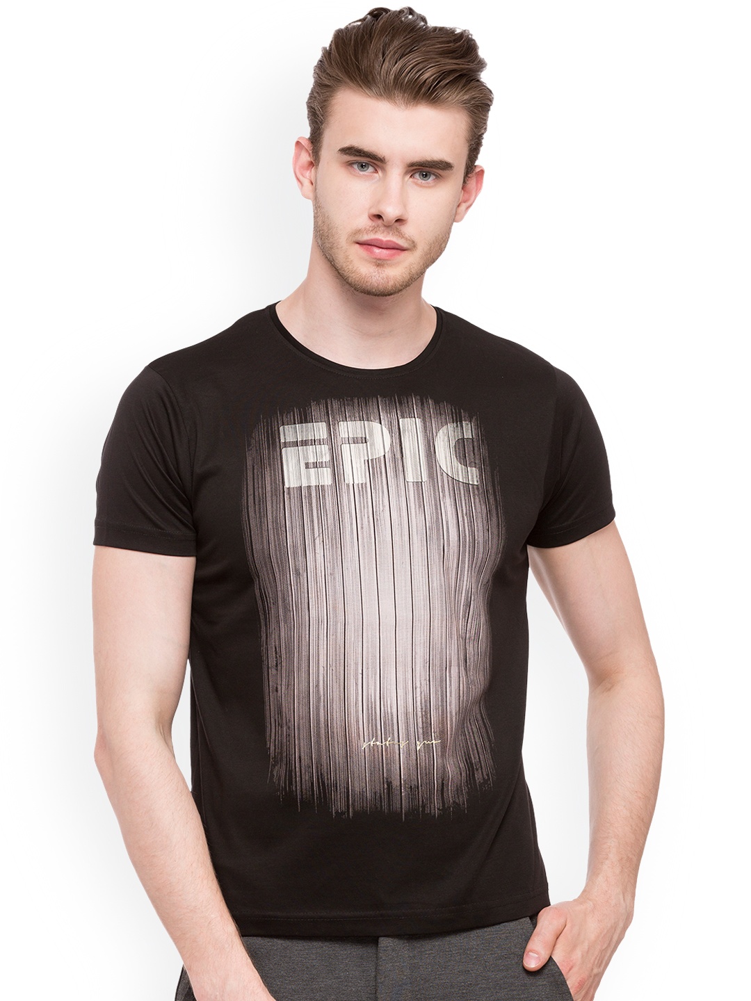 

Status Quo Men Black Printed Slim Fit Round Neck Pure Cotton T-shirt