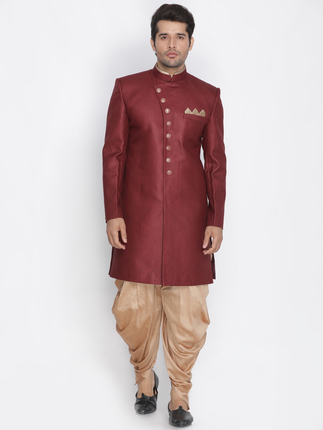 

VASTRAMAY Men Maroon & Gold-Toned Sherwani Set