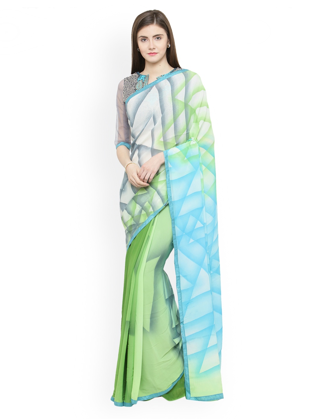 

Shaily Green & Turquoise Blue Printed Pure Georgette Saree