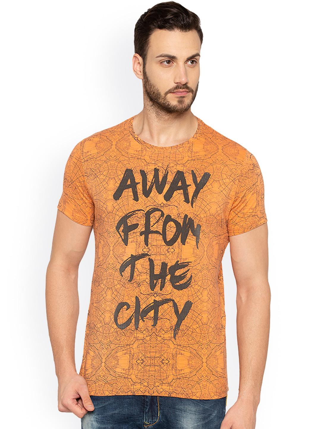 

Status Quo Men Orange Printed Round Neck Pure Cotton T-shirt