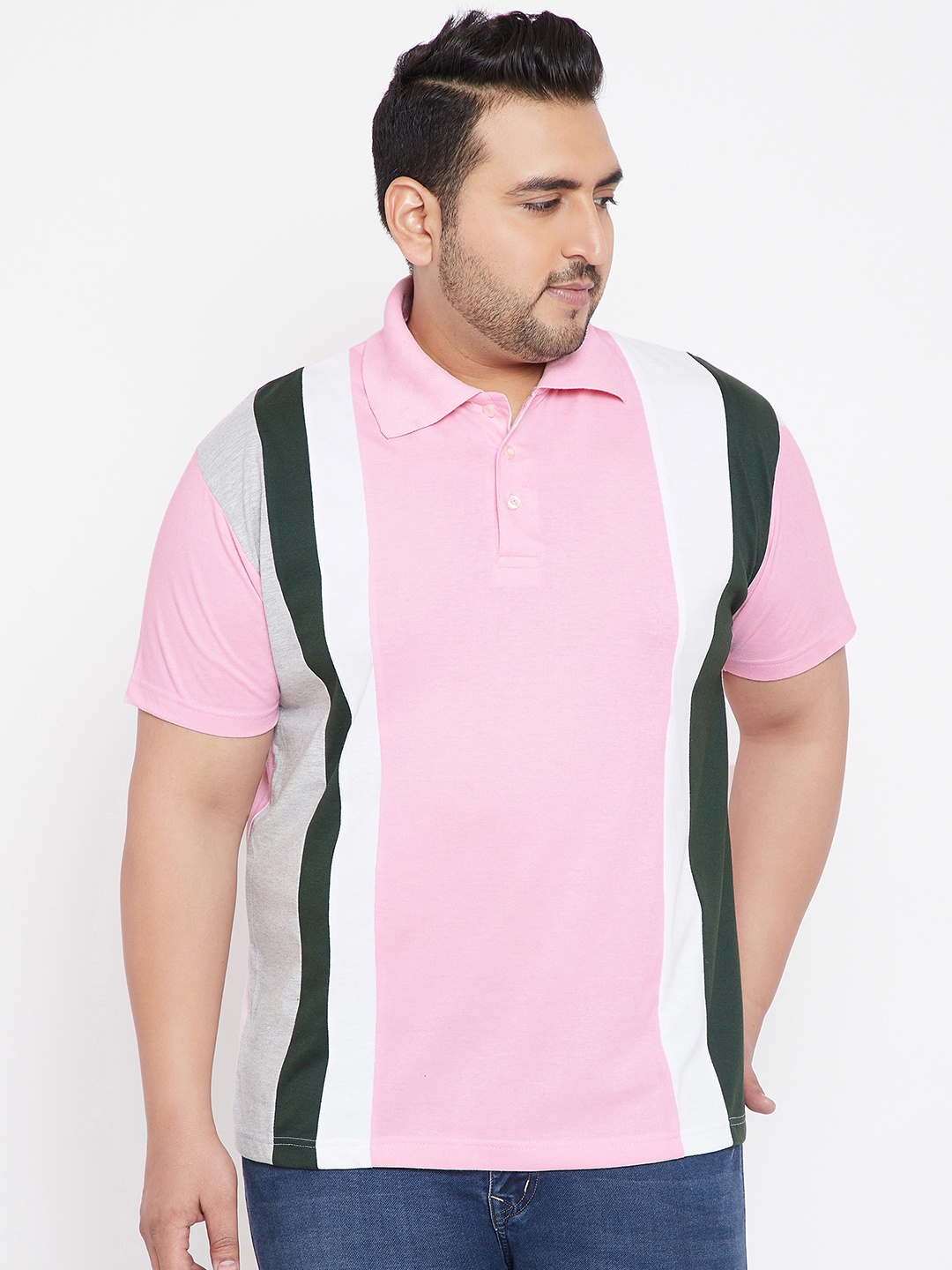 

bigbanana Plus Size Men Pink Striped Polo Collar T-shirt