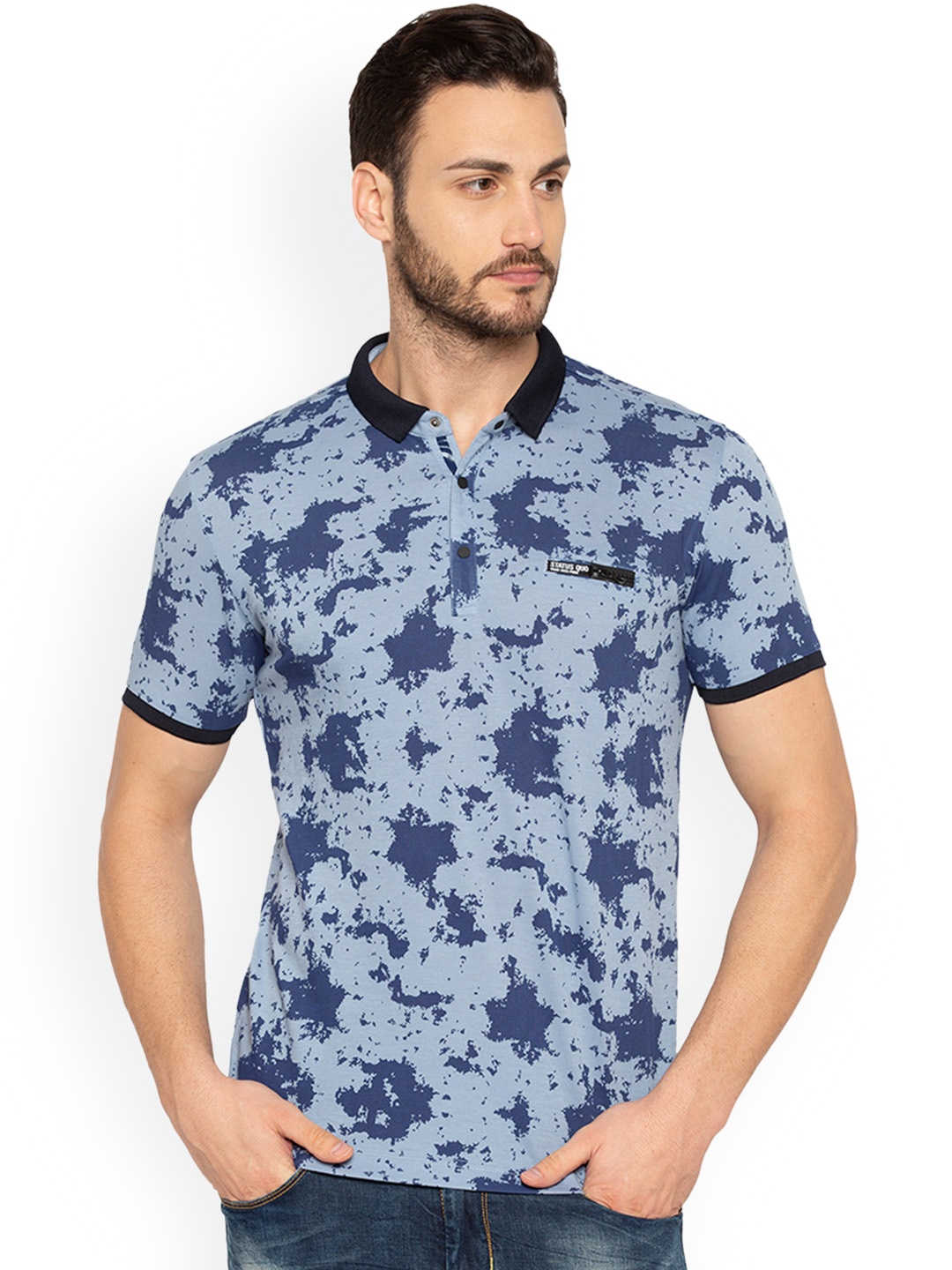 

Status Quo Men Blue Printed Polo Collar Pure Cotton T-shirt