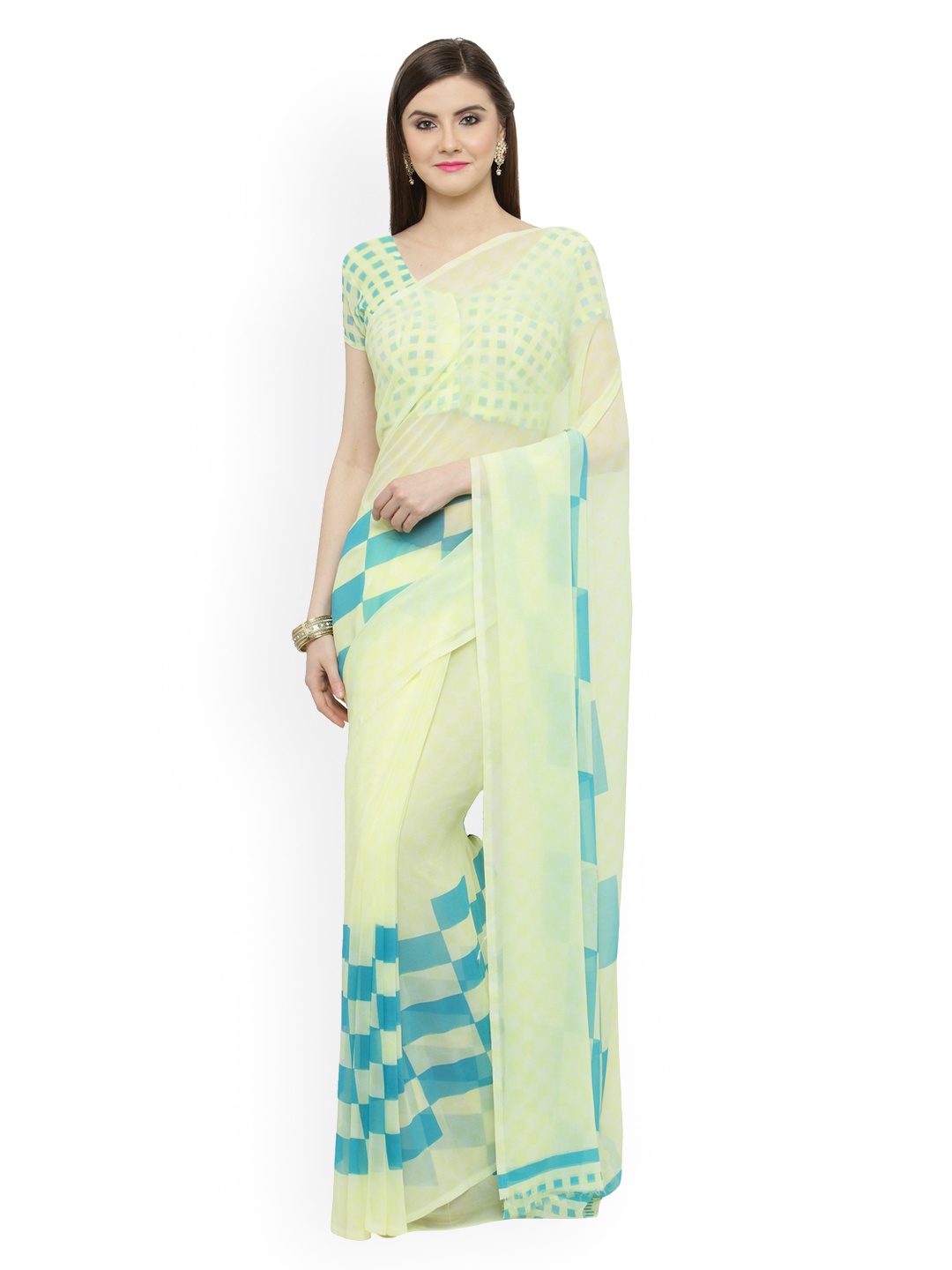 

Shaily Cream-Coloured & Turquoise Blue Pure Georgette Solid Saree