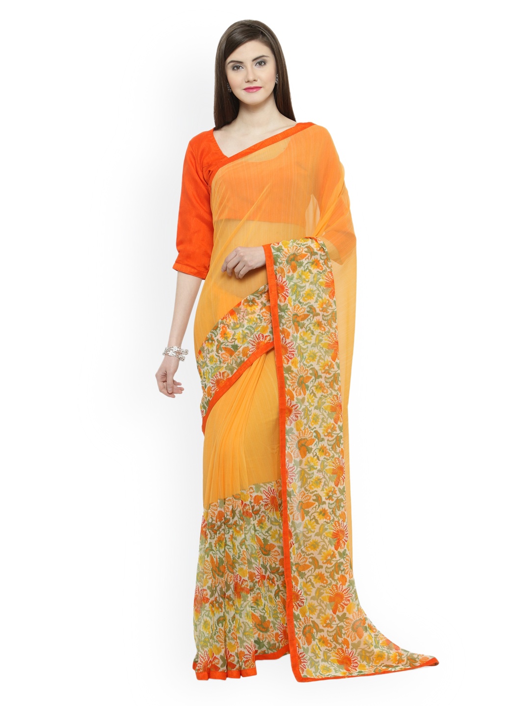 

Shaily Mustard Yellow Printed Pure Georgette Saree