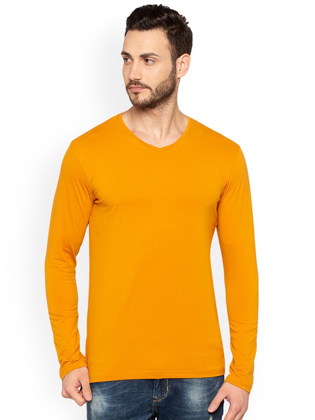 

Status Quo Men Mustard Orange Solid V-Neck Pure Cotton T-shirt