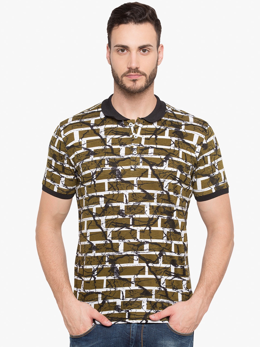

Status Quo Men Olive Green White Printed Polo Collar Pure Cotton T-shirt