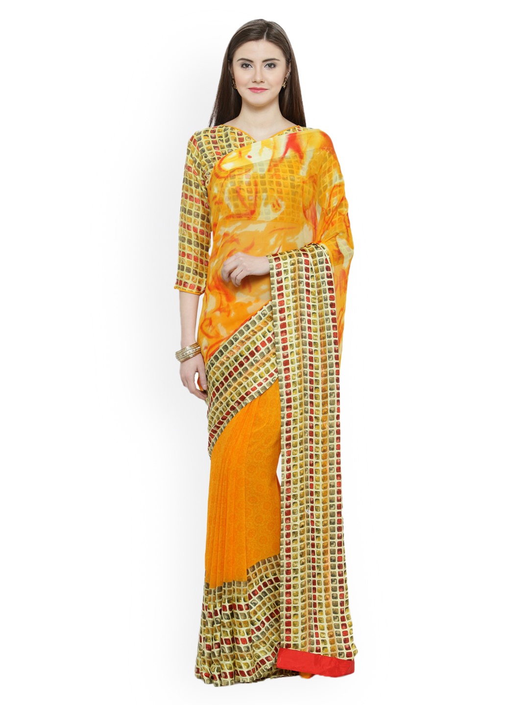 

Shaily Yellow & Orange Printed Saree