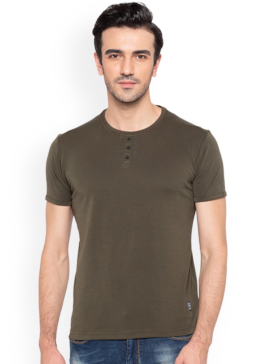 

Status Quo Men Olive Green Solid Round Neck Pure Cotton T-shirt