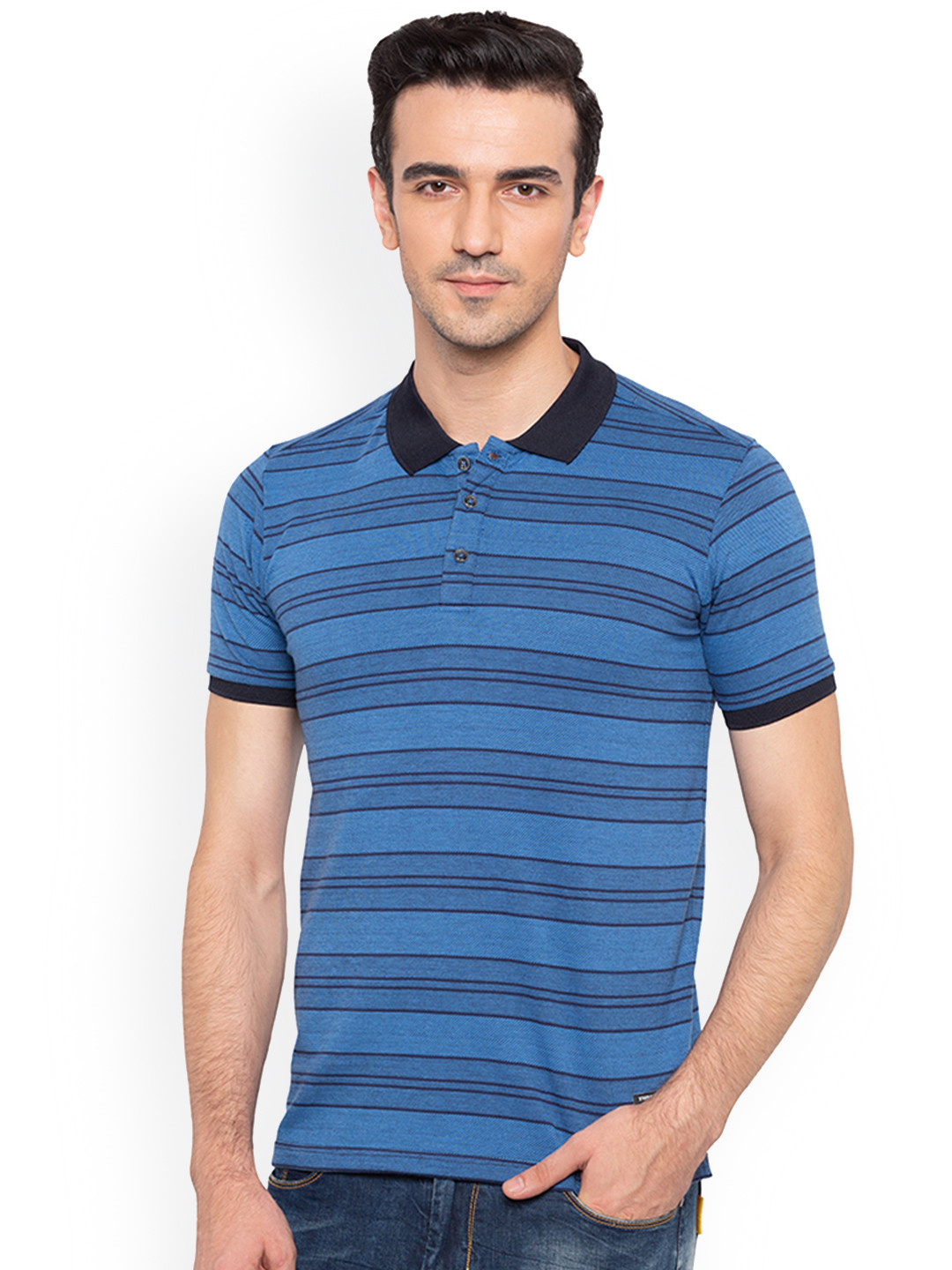 

Status Quo Men Blue Striped Polo Collar Pure Cotton T-shirt