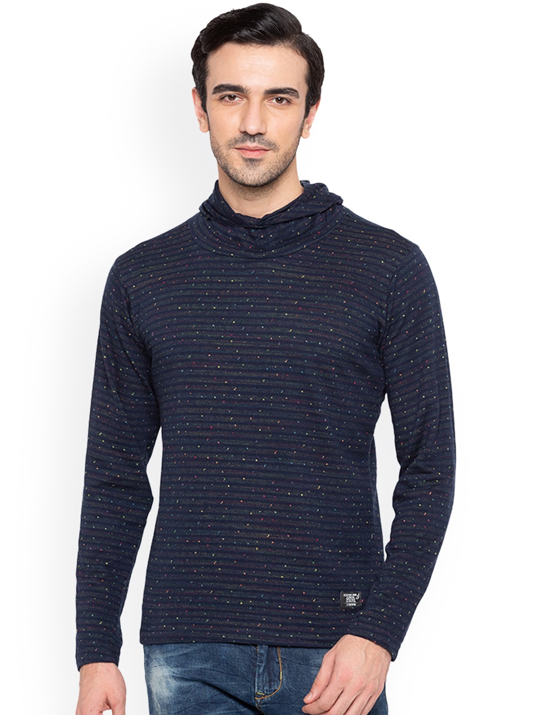 

Status Quo Men Navy Blue Self Design Hooded Sweatshirt