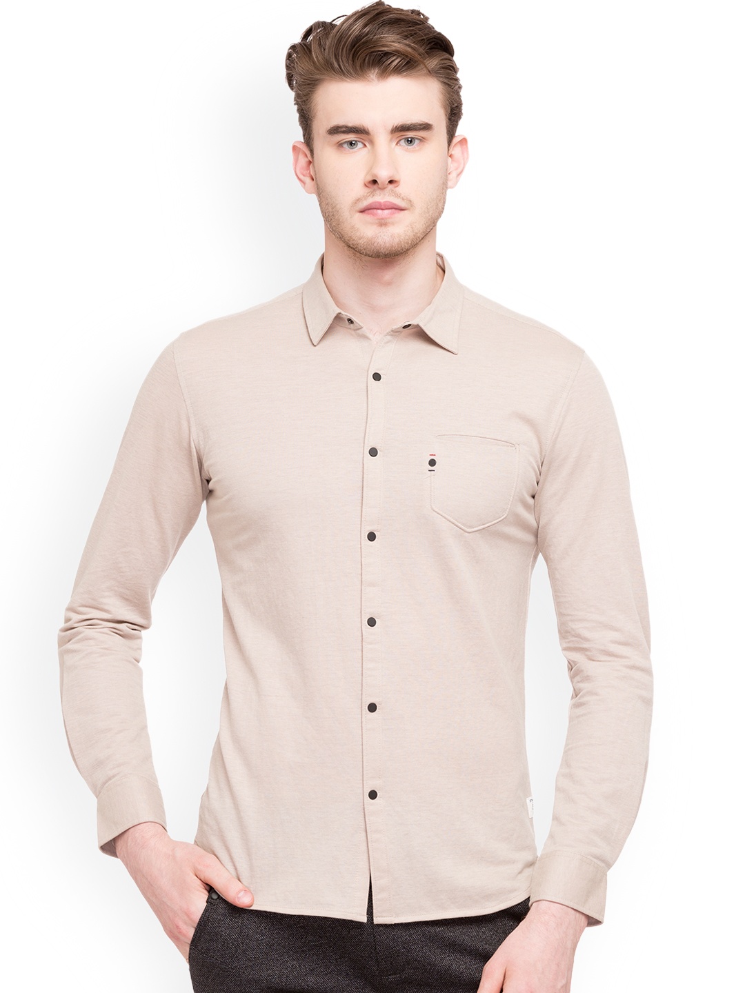 

Status Quo Men Beige Comfort Slim Fit Solid Casual Shirt
