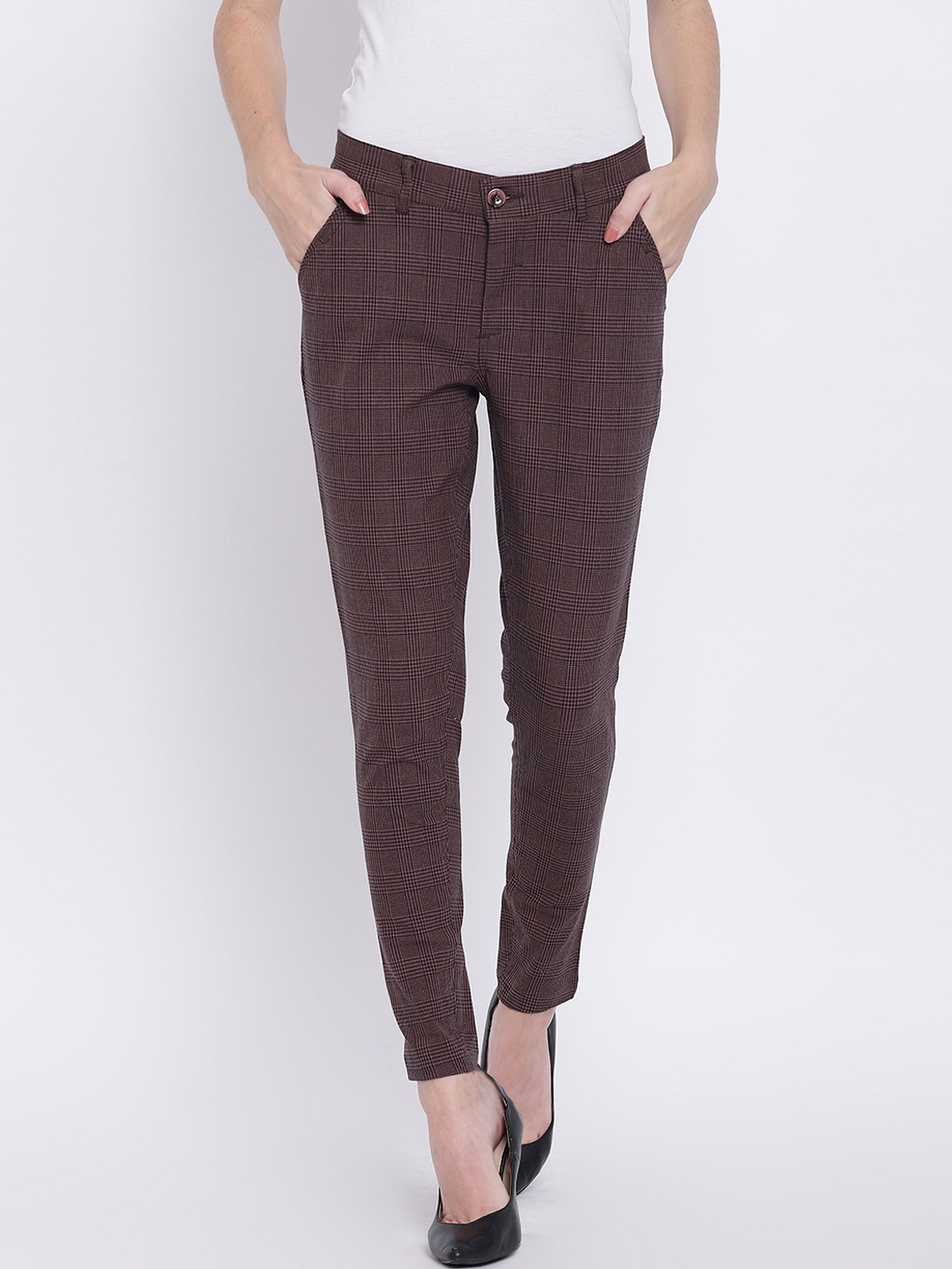 

JUMP USA Women Coffee Brown Skinny Fit Checked Cigarette Trousers