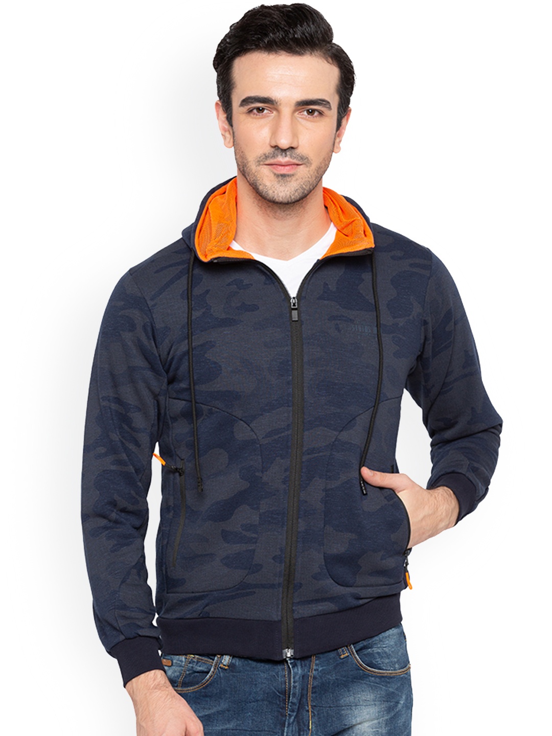 

Status Quo Men Navy Blue Printed Hooded Sweatshirt
