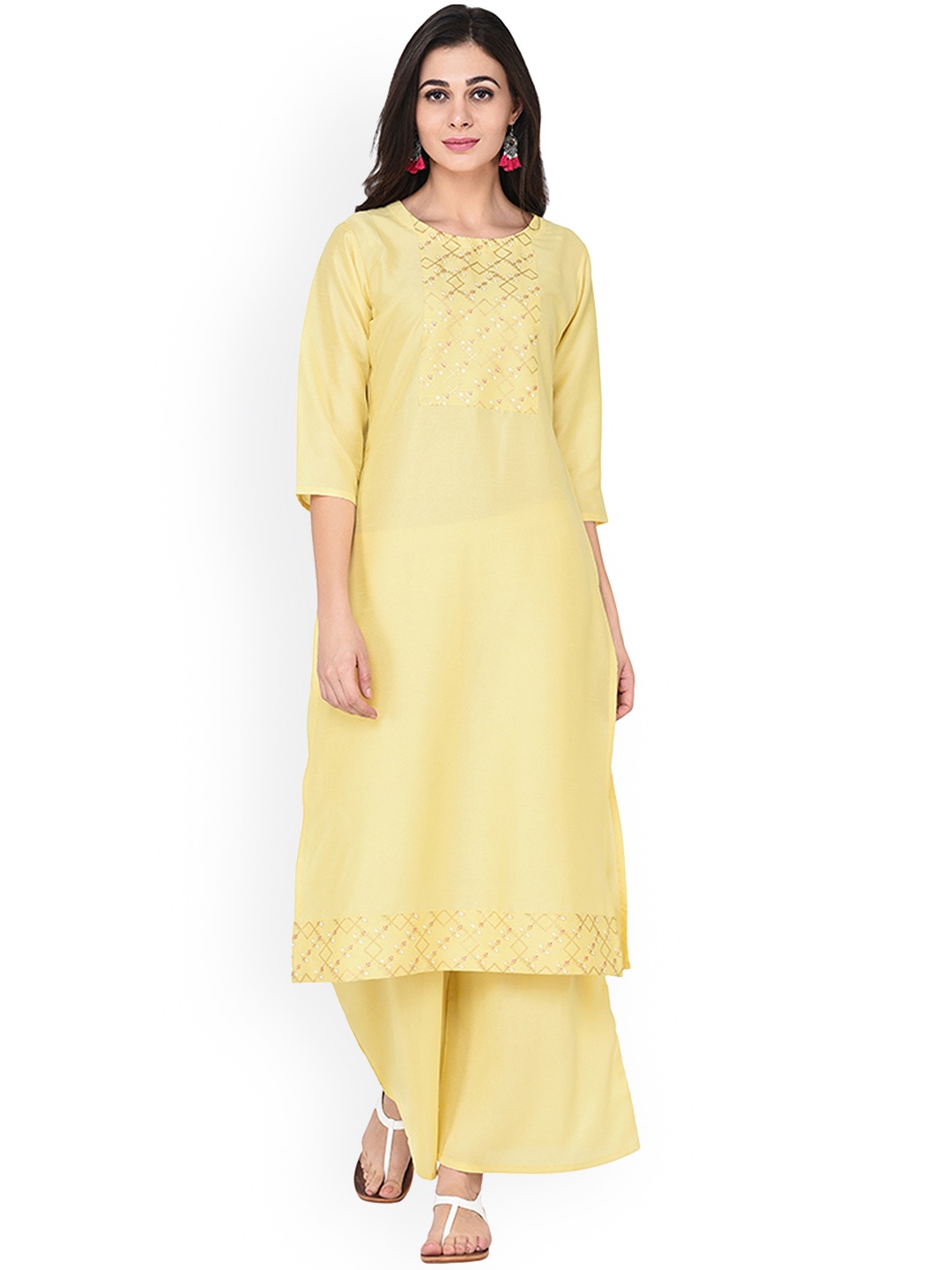 

ZIYAA Women Yellow Checked Straight Kurta